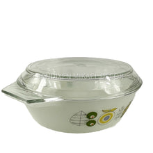 Load image into Gallery viewer, Vintage JAJ PYREX Harvest Vegetable Casserole Dish with Lid – 1958-1959 Gaiety Range, Black-on-Lemon, Model 513

