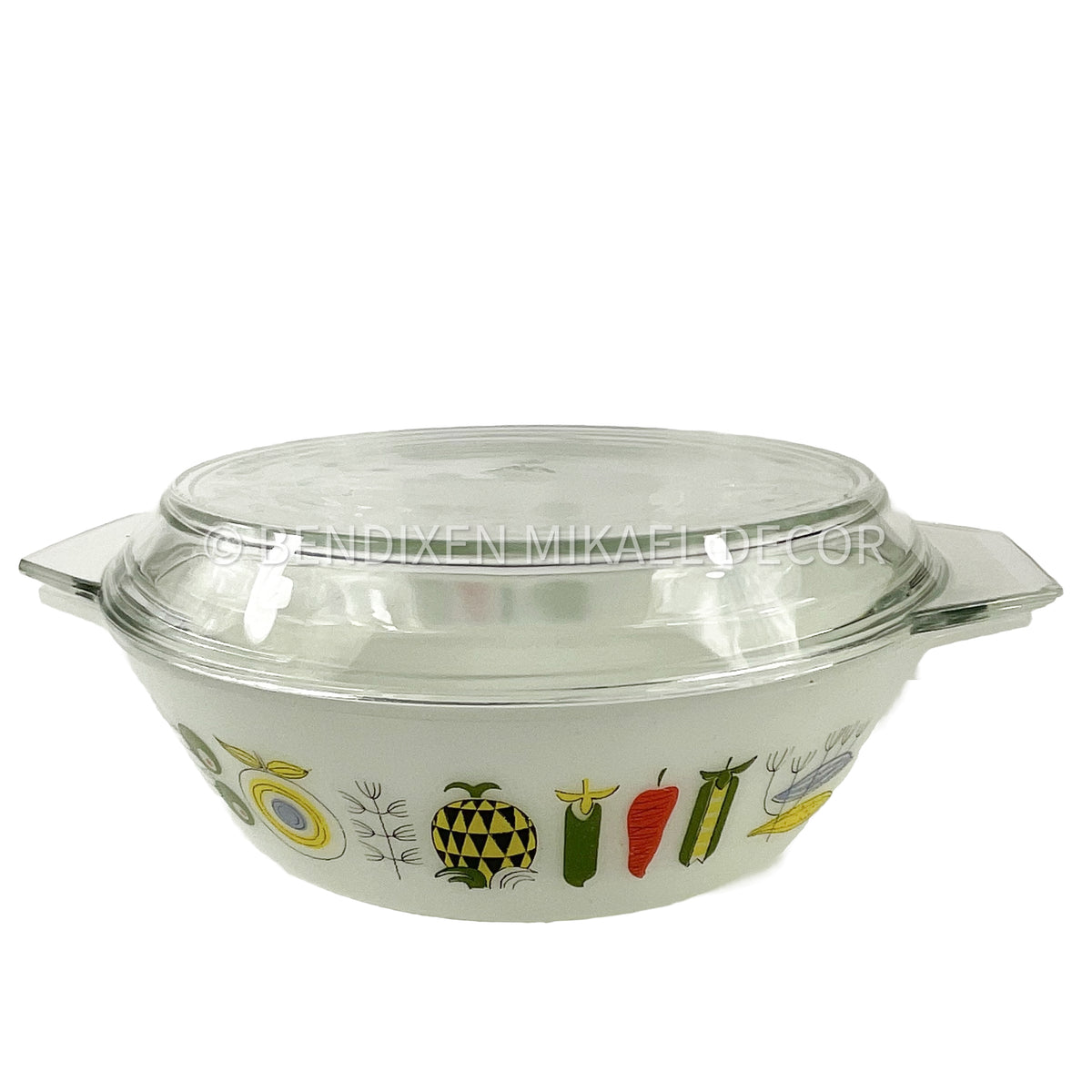 Vintage JAJ PYREX Harvest Vegetable Casserole Dish with Lid – 1958-1959 Gaiety Range, Black-on-Lemon, Model 513