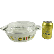 Load image into Gallery viewer, Vintage JAJ PYREX Harvest Vegetable Casserole Dish with Lid – 1958-1959 Gaiety Range, Black-on-Lemon, Model 513
