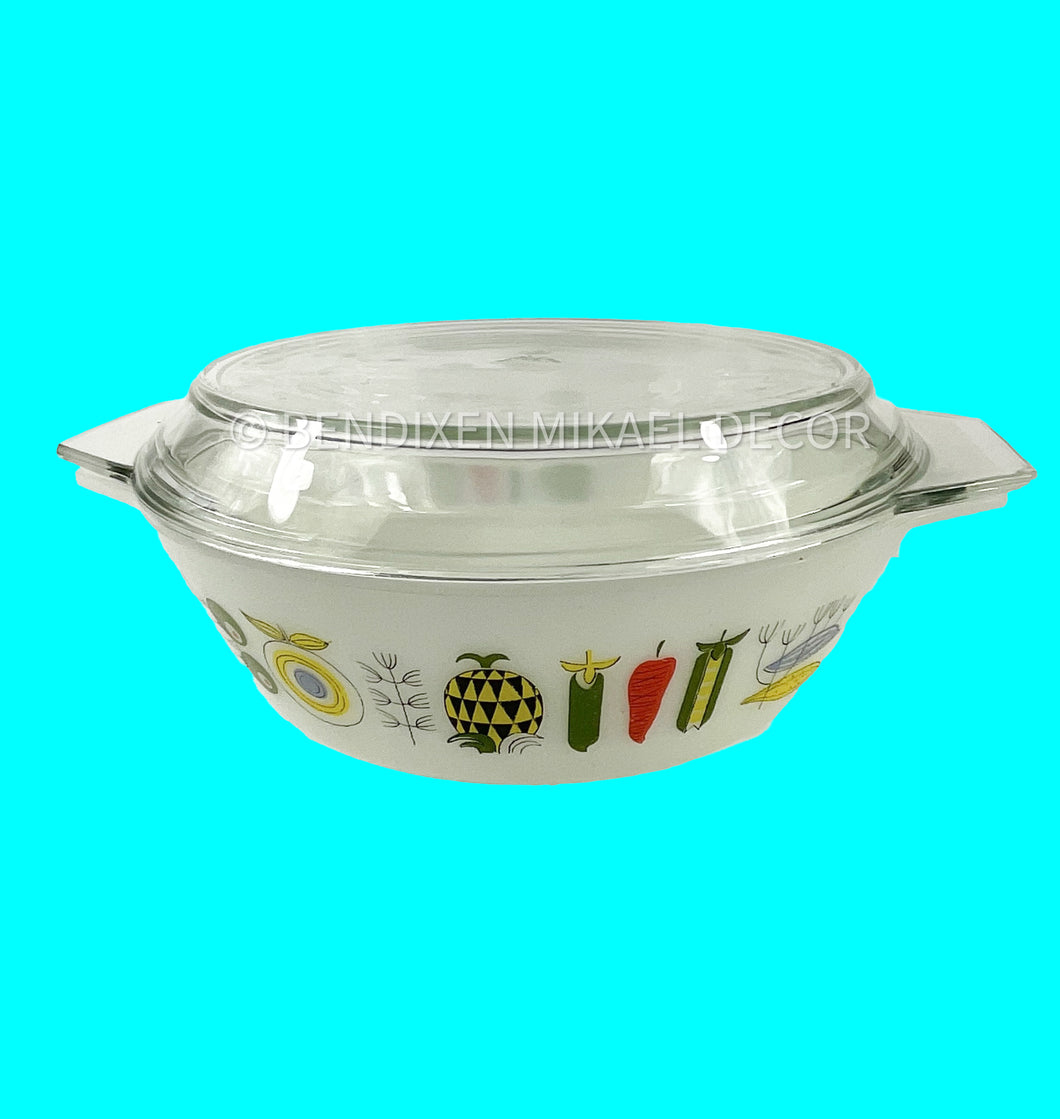 Vintage JAJ PYREX Harvest Vegetable Casserole Dish with Lid – 1958-1959 Gaiety Range, Black-on-Lemon, Model 513