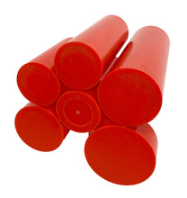 Load image into Gallery viewer, Red cylindrical objects stacked on a white background
