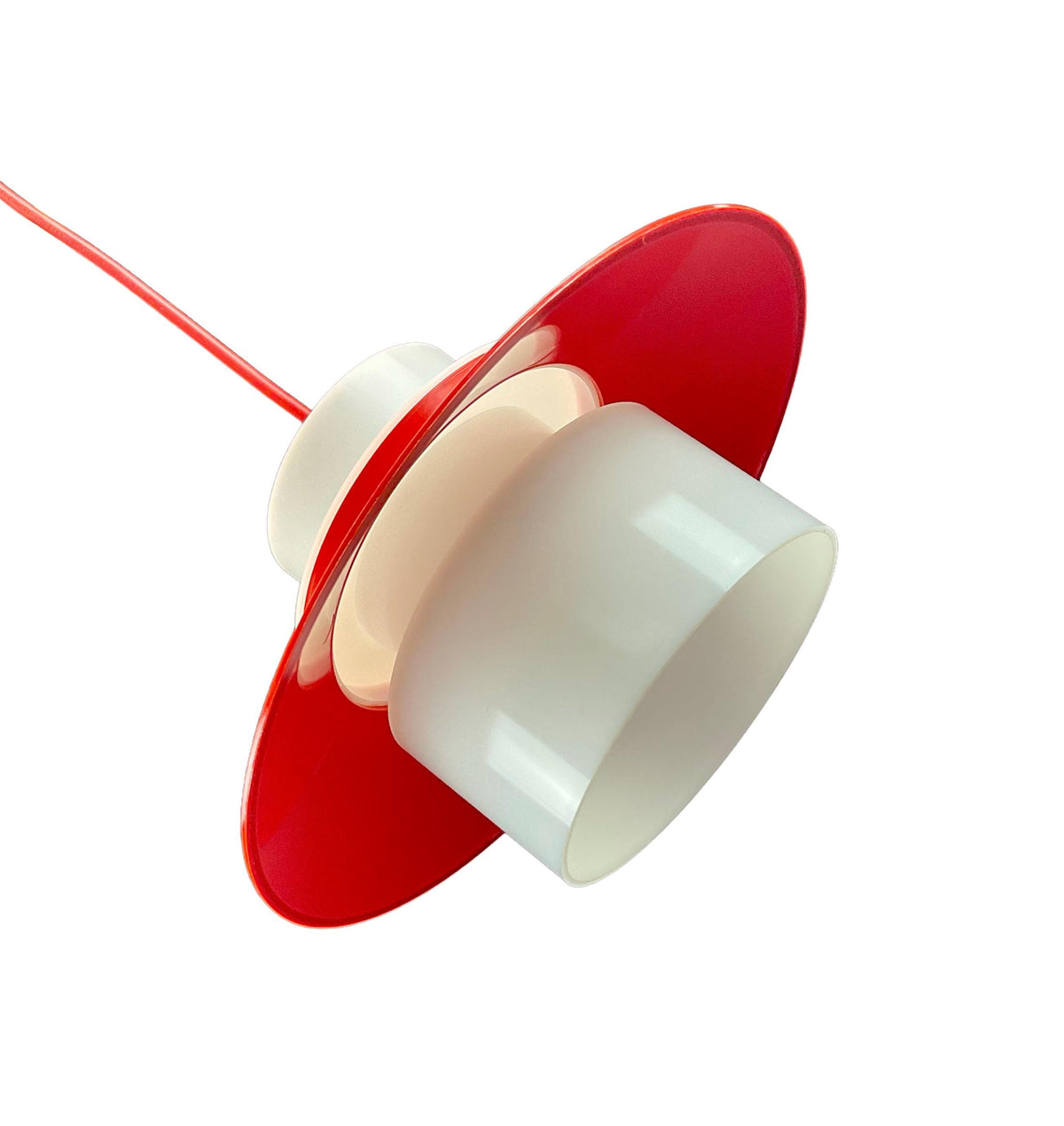 Red and white lampshade on a white background