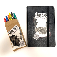 Load image into Gallery viewer, Black notebook and set of crayons with CWU ART branding on a white background. The Circulated Canvas: A Create-With-Us Chain Sketchbook
