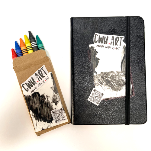Black notebook and set of crayons with CWU ART branding on a white background. The Circulated Canvas: A Create-With-Us Chain Sketchbook