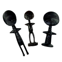 Load image into Gallery viewer, Three black ceramic figures with tribal designs on a white background
