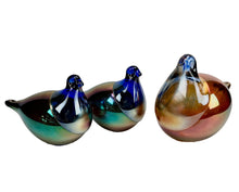 Load image into Gallery viewer, Three glass bird figurines with multicolored iridescent finish on a white background
