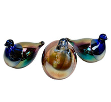 Load image into Gallery viewer, Three glass birds with iridescent colors on a white background
