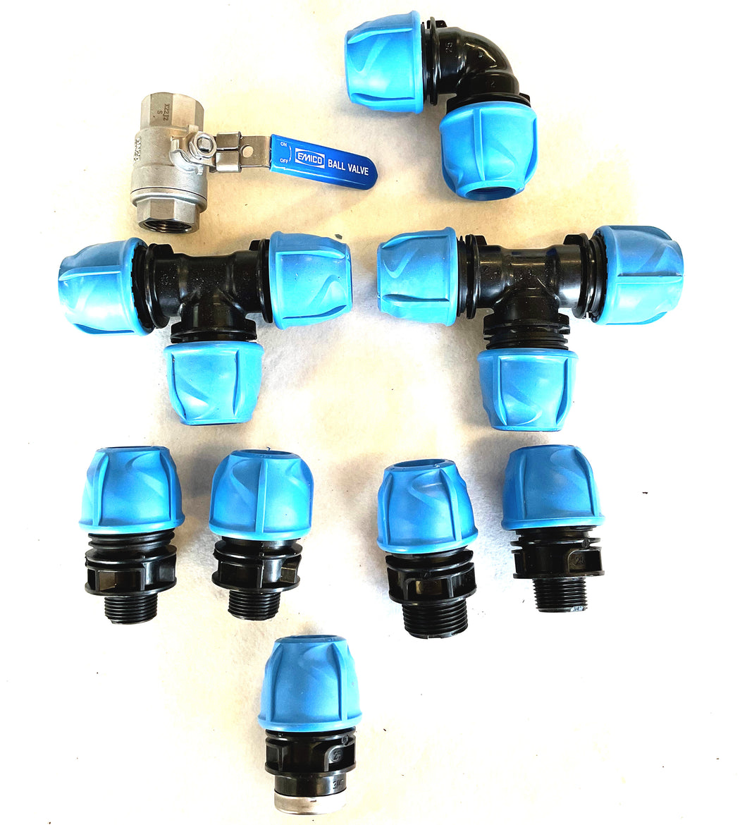 MDPE Plastic Compression & Push-Fit Fittings Kit – 25mm Water Pipe (WRAS Approved) – Includes Elbow, Tees, Nipples, Valve & More – Ideal for DIY Plumbing, Shower, Toilet, Kolonihave