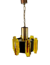 Load image into Gallery viewer, Yellow and black pendant light with brass accents on a white background
