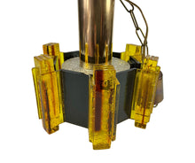 Load image into Gallery viewer, Decorative lamp with yellow glass blocks and gold metal accents on a white background
