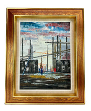 Lade das Bild in den Galerie-Viewer, "City Chaos" Original Oil Painting – Dark Tones w/ Red &amp; Blue – Retro Gold Frame – Danish Unidentified Artist – Boho Vintage Wall Art - MOJO Shop
