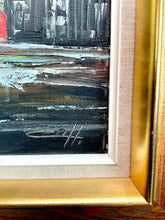 Lade das Bild in den Galerie-Viewer, "City Chaos" Original Oil Painting – Dark Tones w/ Red &amp; Blue – Retro Gold Frame – Danish Unidentified Artist – Boho Vintage Wall Art - MOJO Shop
