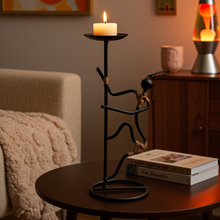 Load image into Gallery viewer, 1960s Laurids Lønborg Black String Iron and Rattan Figural Candleholder, Danish Mid-Century Modern
