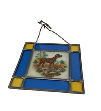 Load image into Gallery viewer, Antique Stained Glass Suncatcher, Square lead and glass with hunting dog motif.
