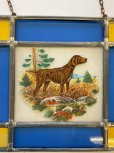 Load image into Gallery viewer, Antique Stained Glass Suncatcher, Square lead and glass with hunting dog motif.
