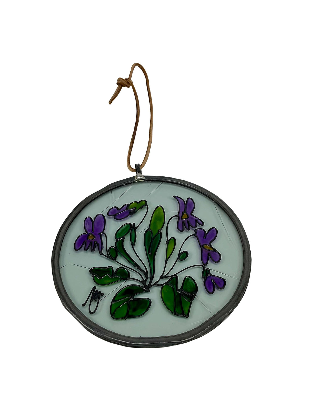 Vintage Stained Glass Suncatcher, Hand-Painted Purple Viola Flower Hanging