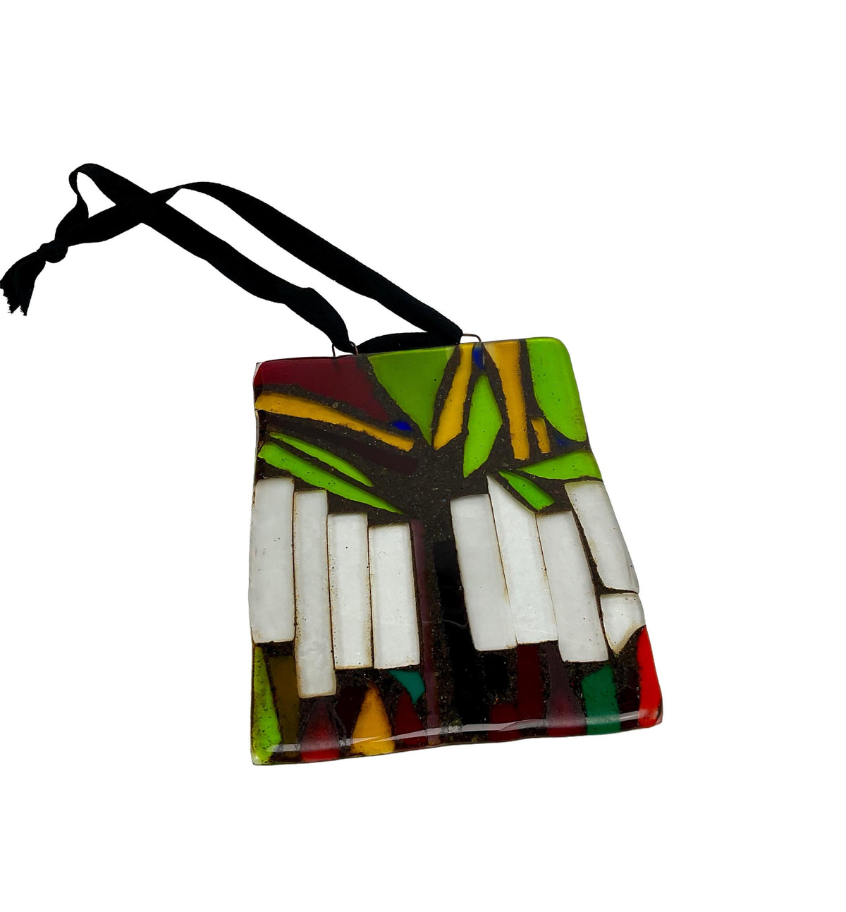 Vintage Handmade Glass Suncatcher, formed as an abstract tree in a square.