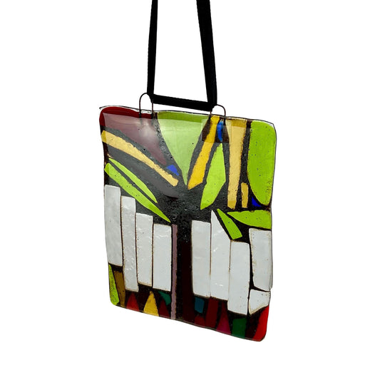 Vintage Handmade Glass Suncatcher, formed as an abstract tree in a square.