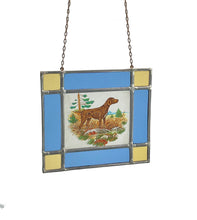 Load image into Gallery viewer, Antique Stained Glass Suncatcher, Square lead and glass with hunting dog motif.
