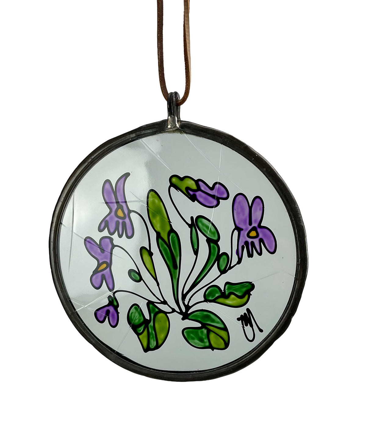 Vintage Stained Glass Suncatcher, Hand-Painted Purple Viola Flower Hanging