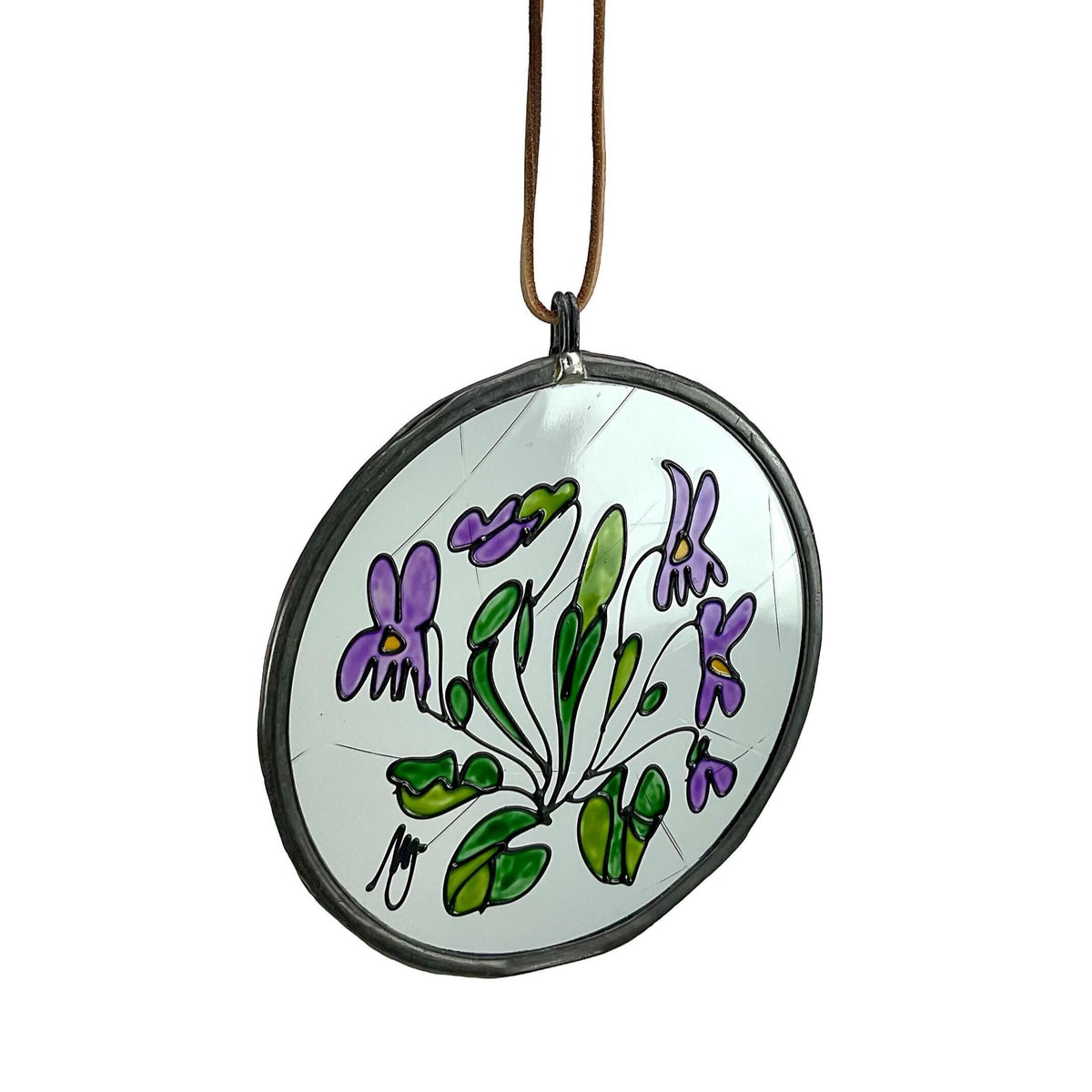 Vintage Stained Glass Suncatcher, Hand-Painted Purple Viola Flower Hanging