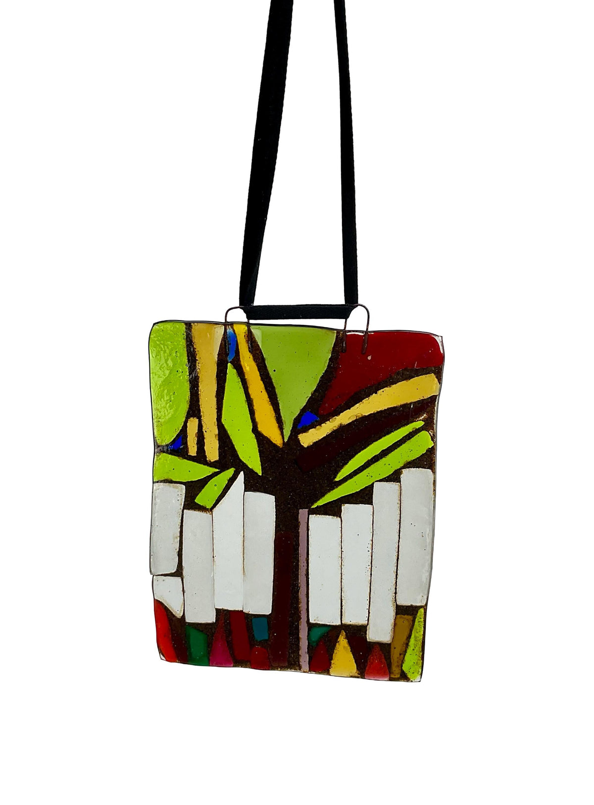 Vintage Handmade Glass Suncatcher, formed as an abstract tree in a square.