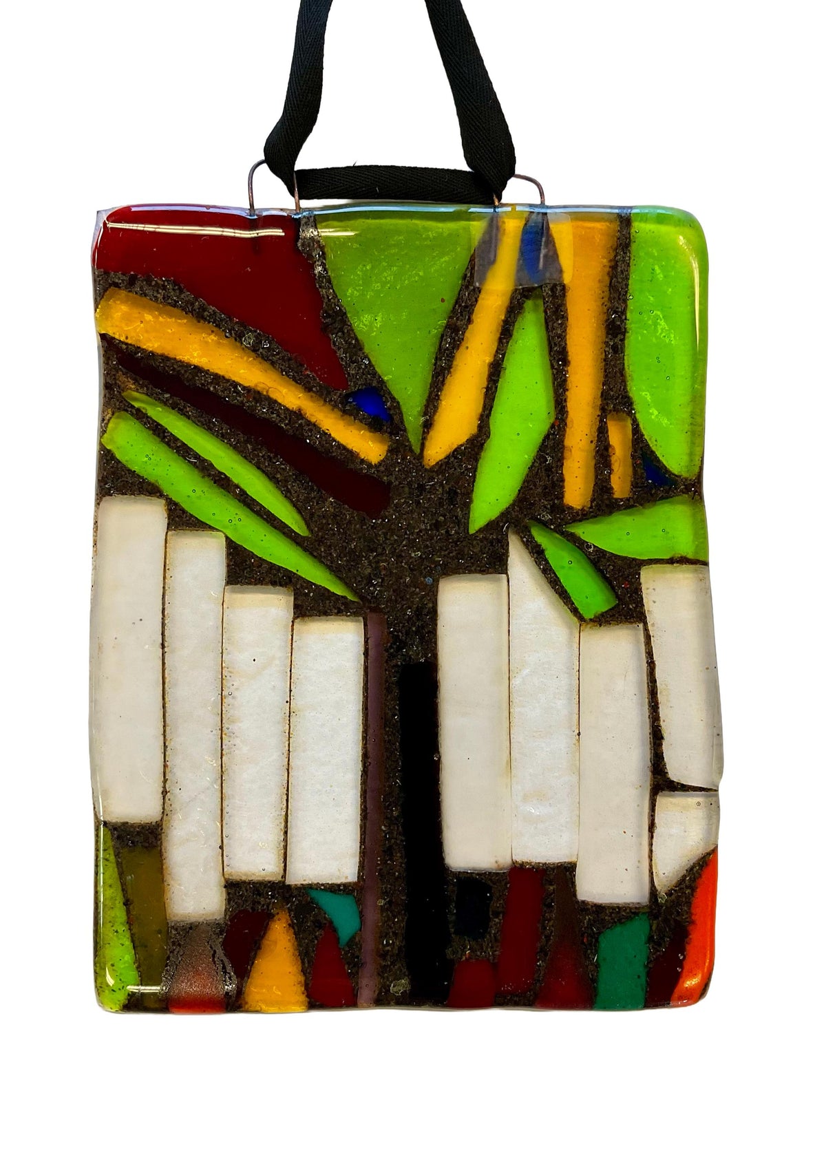 Vintage Handmade Glass Suncatcher, formed as an abstract tree in a square.