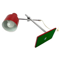 Load image into Gallery viewer, Table lamp with a red shade and green base on a white background
