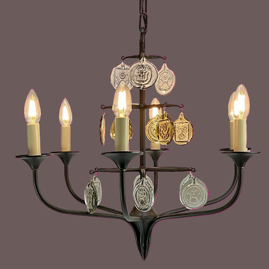 Svend Aage Holm Sørensen Viking 6 - Arm Cast Iron Chandelier, Amber Glass, 1960s - MOJO Shop