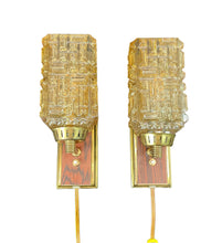 Load image into Gallery viewer, Pair of vintage wall sconces with textured glass shades on a white background
