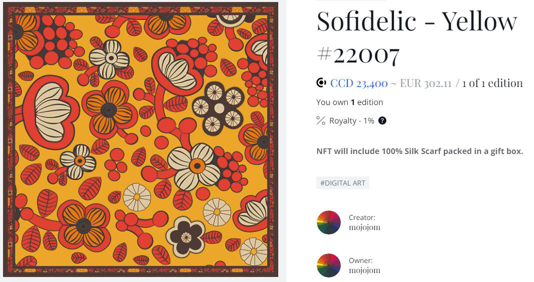 Sofidelic - Yellow 70s Flower Power NFT Silk Scarf